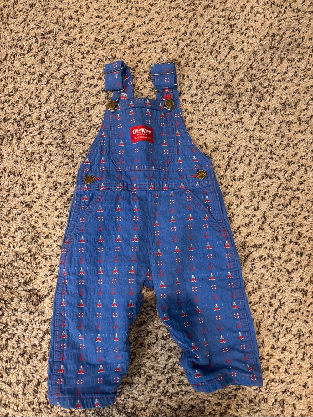 OshKosh B'gosh Blue Overalls with Red White Sailboat Print